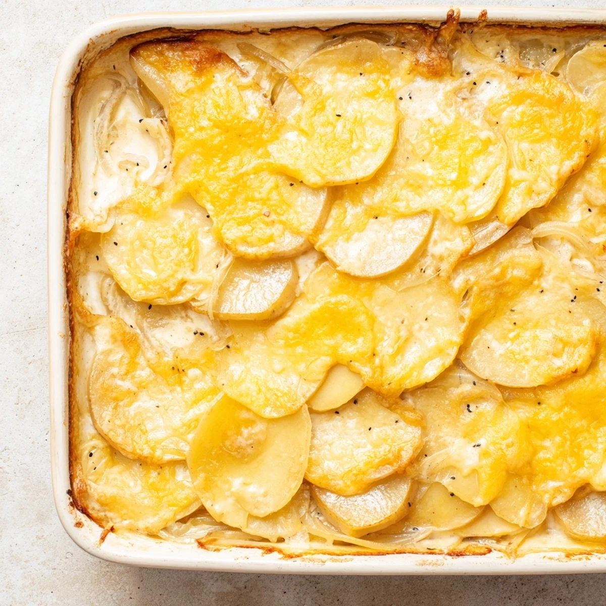 Luxurious potato gratin infused with nutmeg and nigella seeds, fresh from oven