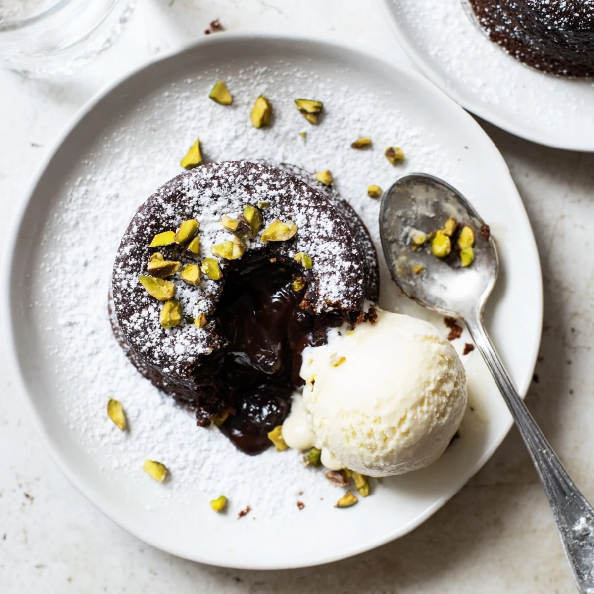 Golden molten pistachio chocolate lava cakes with gooey centers dusted in powdered sugar