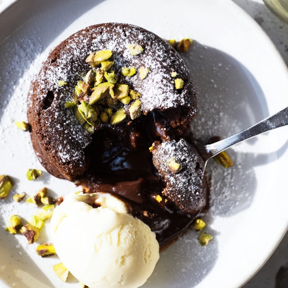 Warm individual pistachio chocolate lava cakes served with vanilla ice cream and pistachio garnish