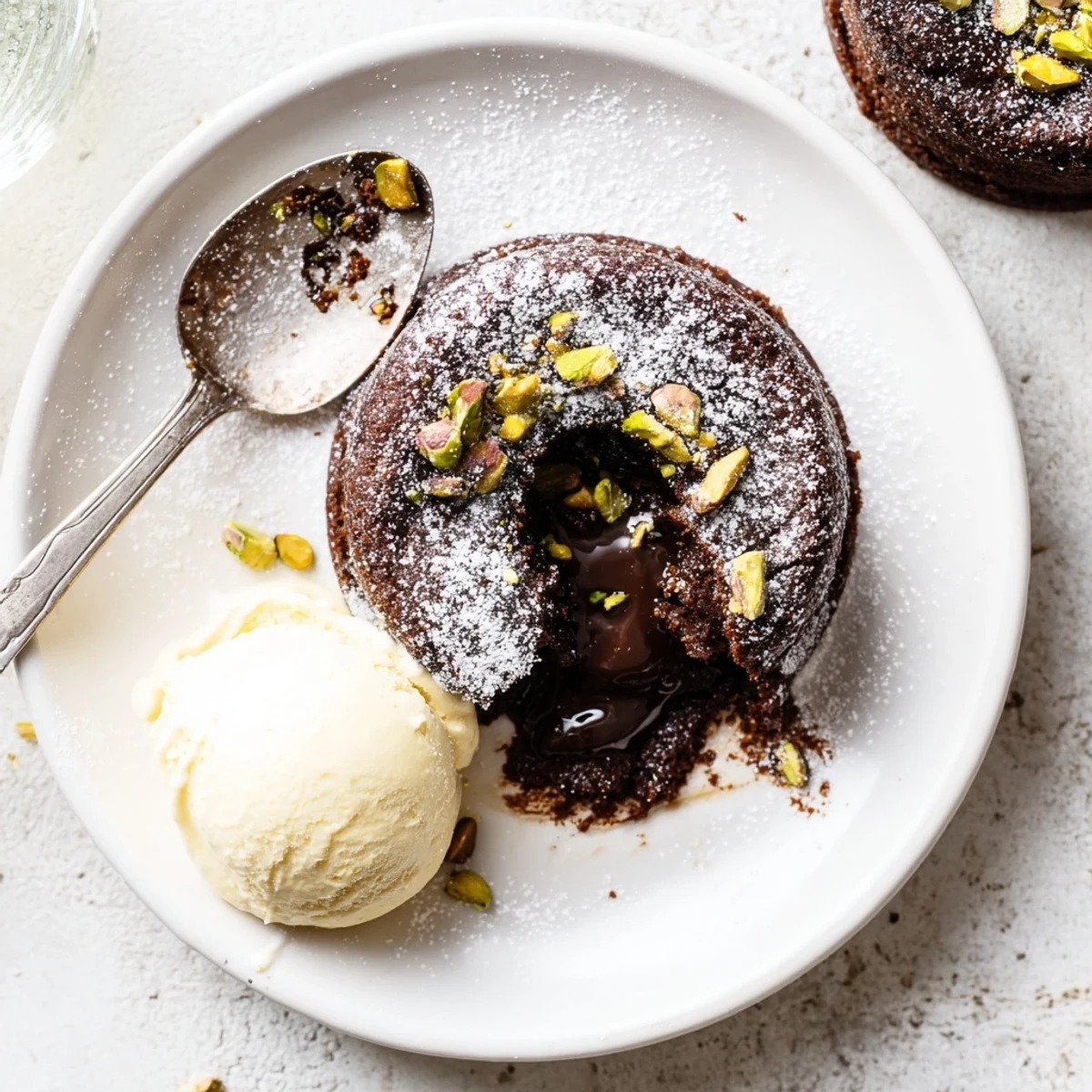 Rich chocolate pistachio lava cakes flowing onto white plates topped with chopped nuts