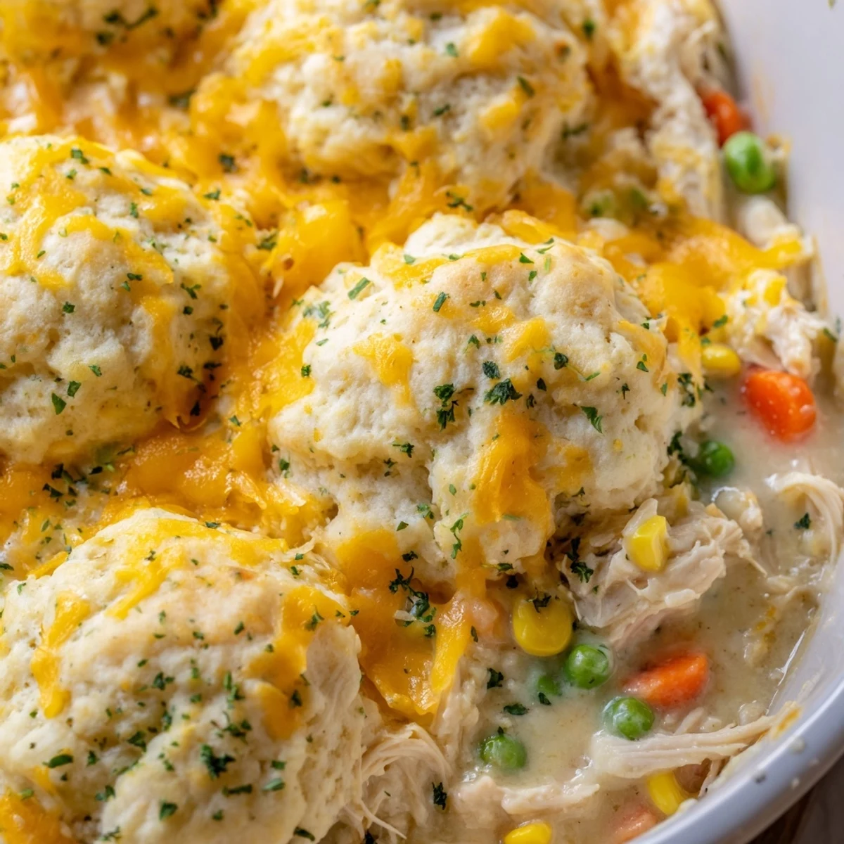 Comforting Cheddar Bay chicken cobbler bubbling in a baking dish beneath cheesy herb biscuit topping