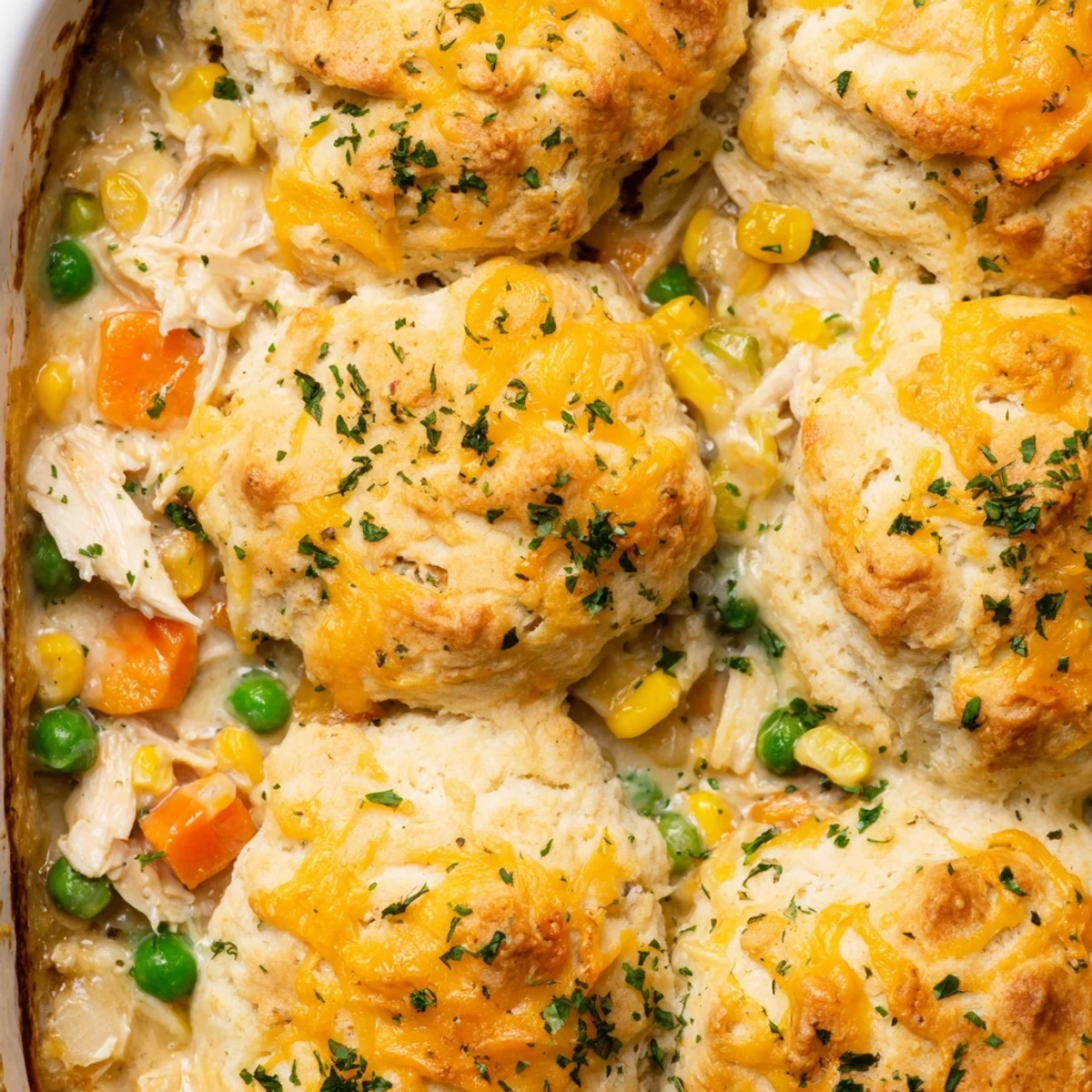 Golden baked Cheddar Bay chicken cobbler with fluffy cheddar biscuits topped with melted garlic butter