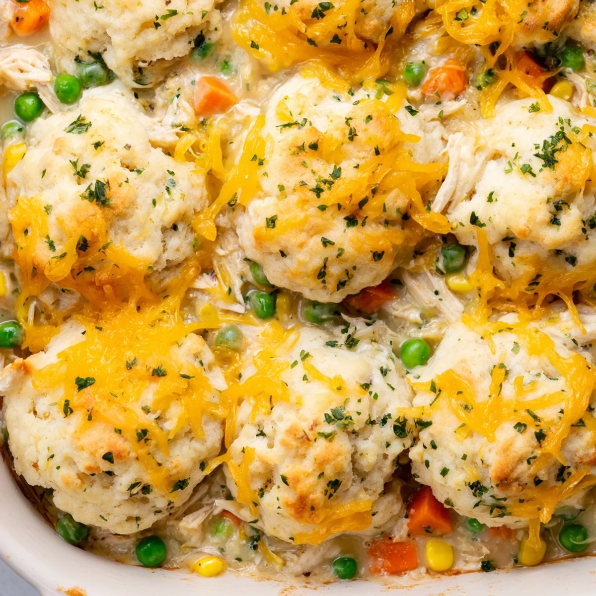 Savory chicken and vegetable cobbler crowned with golden Cheddar Bay biscuits brushed with garlic parsley butter
