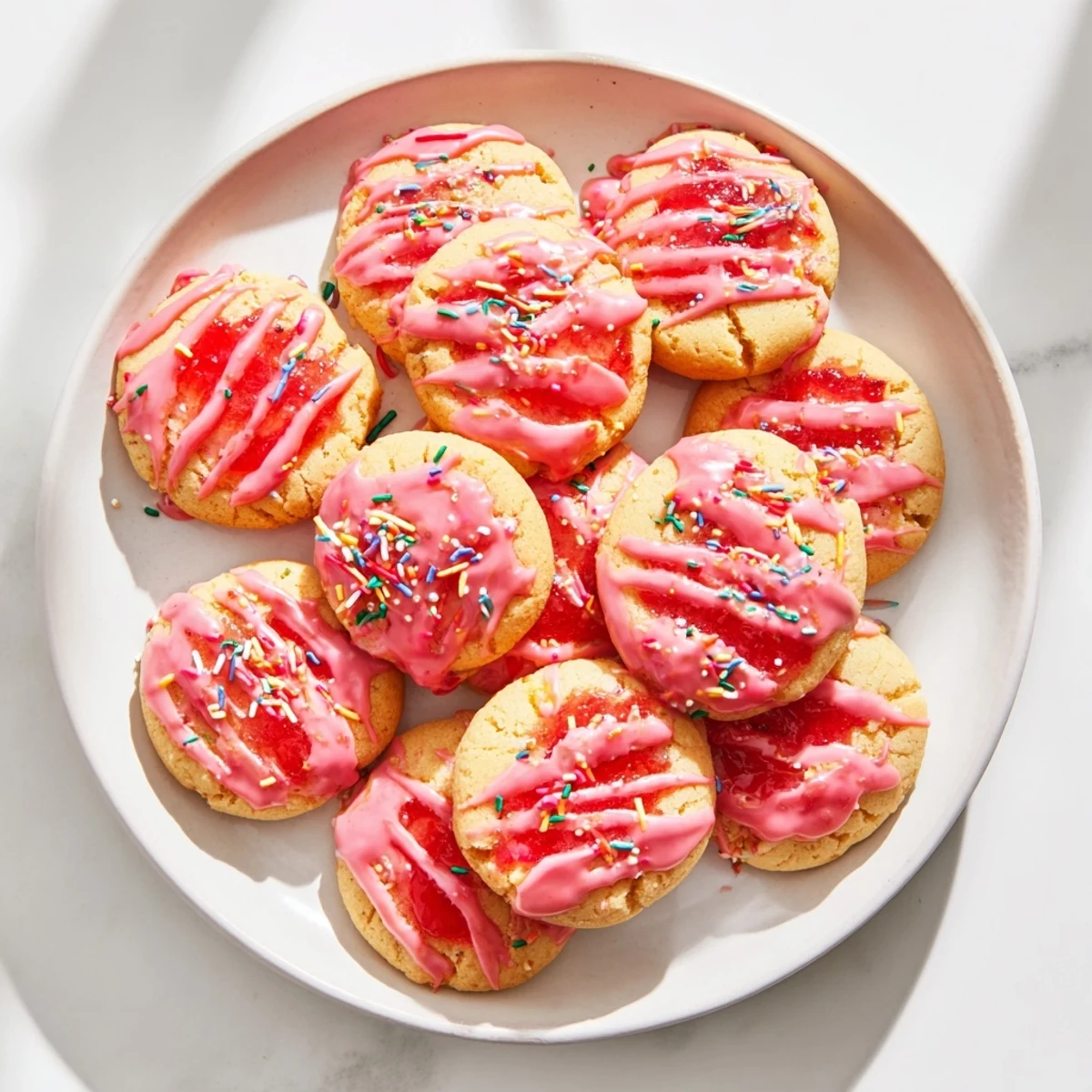 Soft buttery strawberry Pop Tart cookies filled with sweet jam and topped with colorful pink glaze and sprinkles
