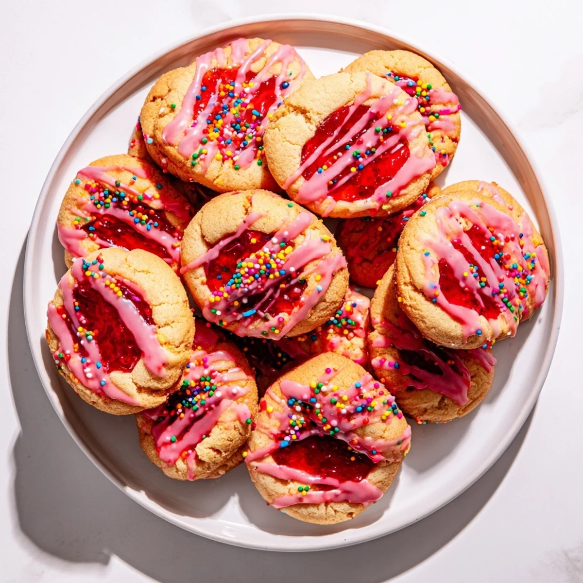 Golden strawberry Pop Tart cookies drizzled with vanilla icing and festive rainbow sprinkles on a white plate