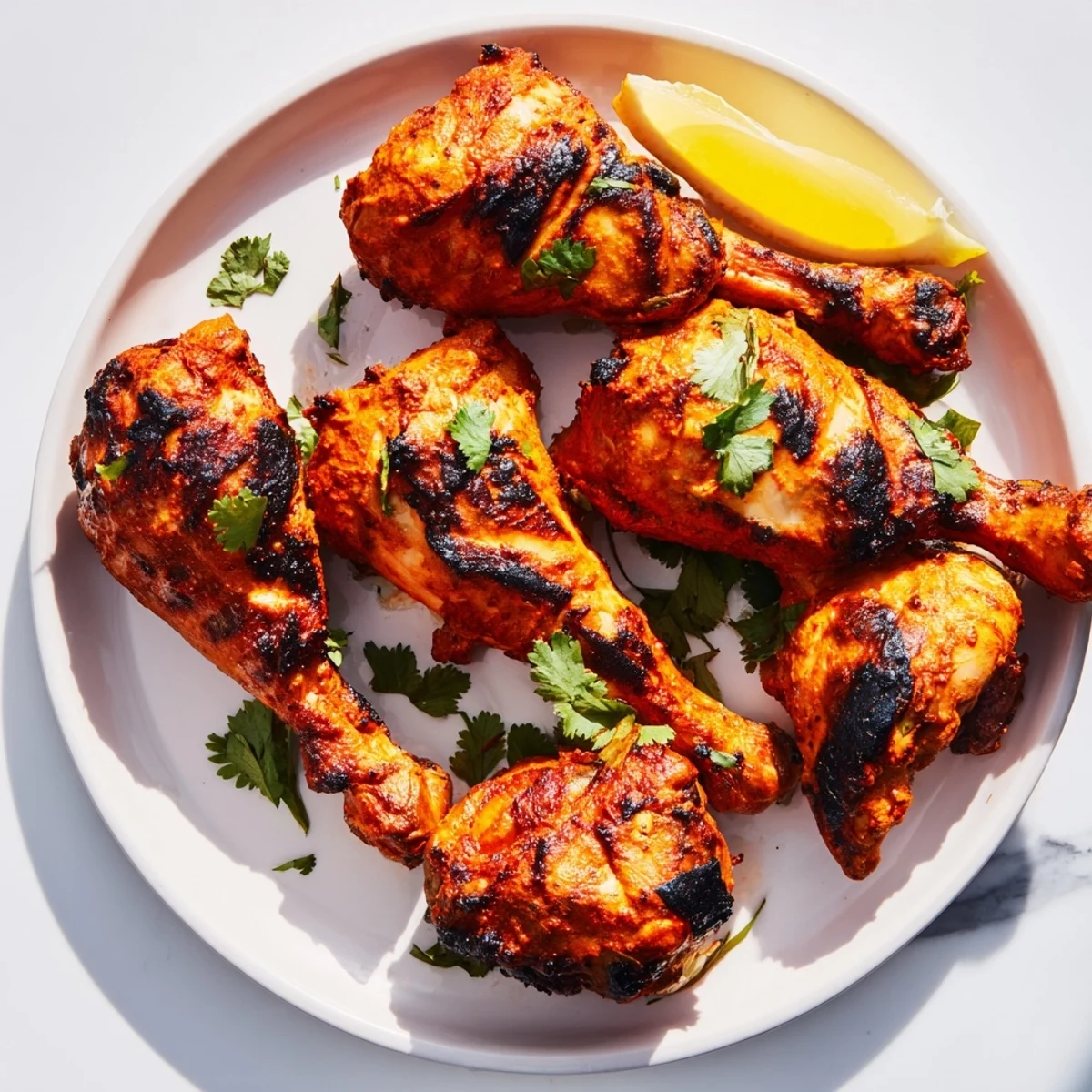 Tender Indian Tandoori Chicken garnished with fresh cilantro and served alongside zesty lemon wedges
