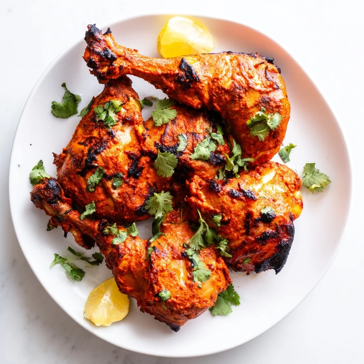 Succulent spiced yogurt-marinated chicken drumsticks and thighs displaying characteristic charred edges from high-heat roasting