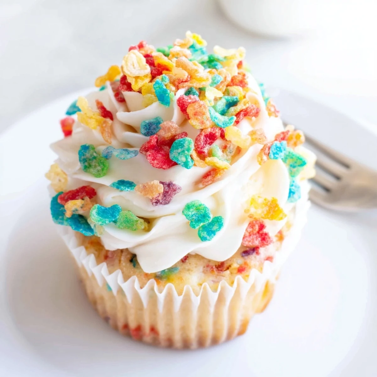 Vibrant Fruity Pebbles cereal frosting piped onto a chocolate cupcake with colorful sprinkles