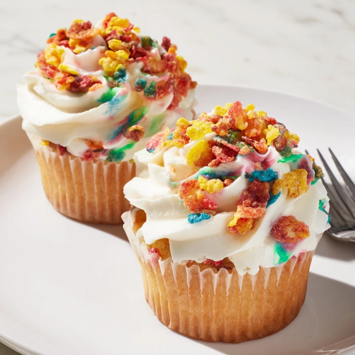 Fluffy buttercream frosting studded with rainbow Fruity Pebbles garnish on a vanilla cake