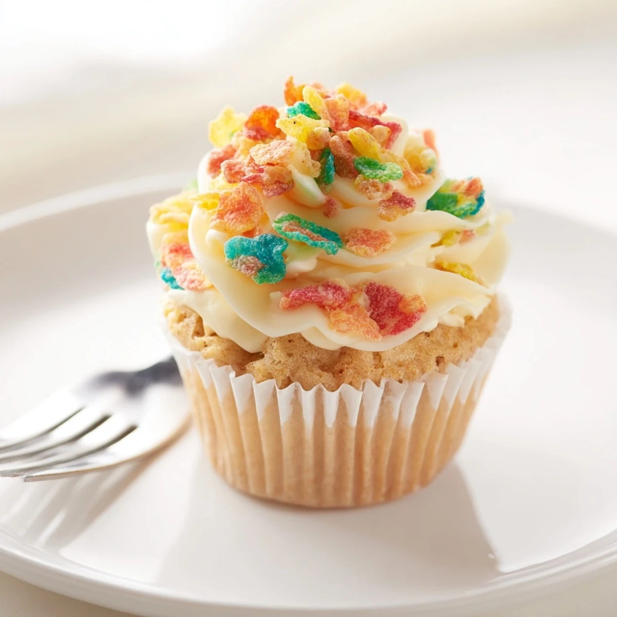 Creamy homemade Fruity Pebbles frosting spread thickly over cookies with extra cereal crunch