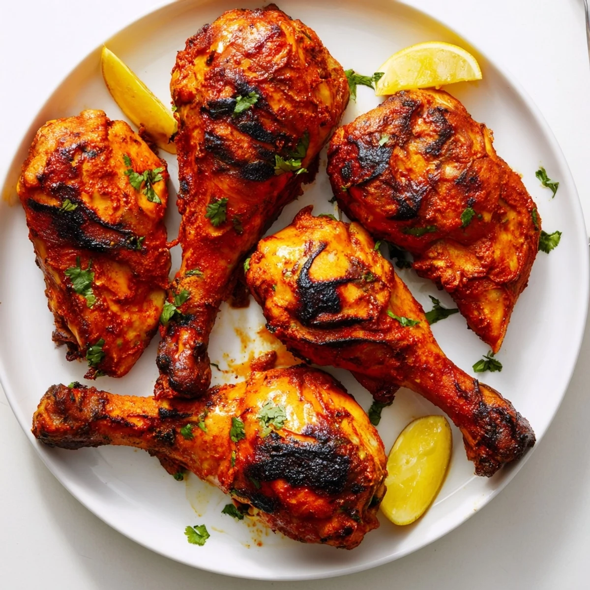 Tandoori Chicken roasted to charred edges, smoky aroma, served with lemon