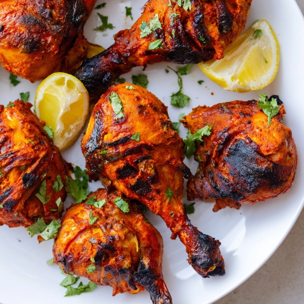 Tandoori Chicken with crispy skin on wire rack, cilantro garnish, naan