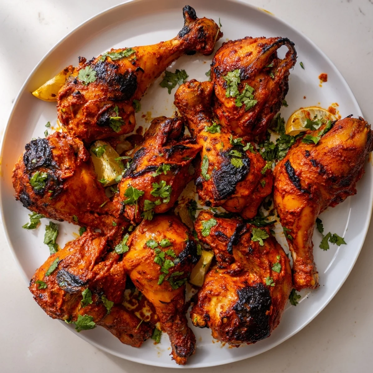 Juicy Tandoori Chicken marinated overnight, vibrant spices, lemon wedge on plate