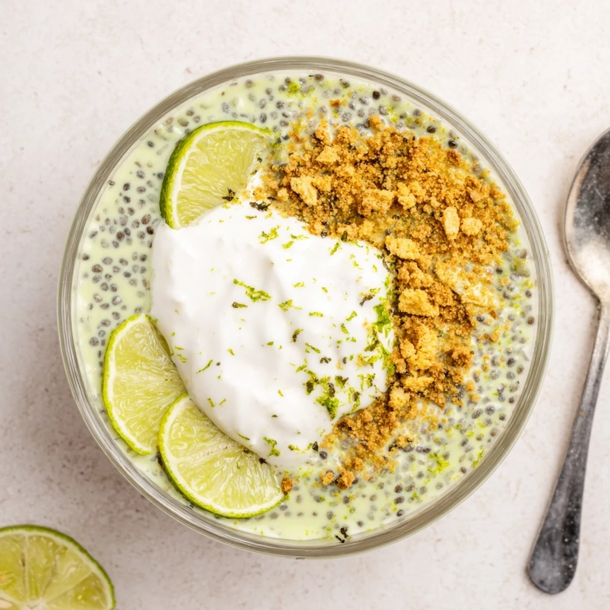 Creamy key lime chia pudding topped with coconut yogurt and fresh lime slices