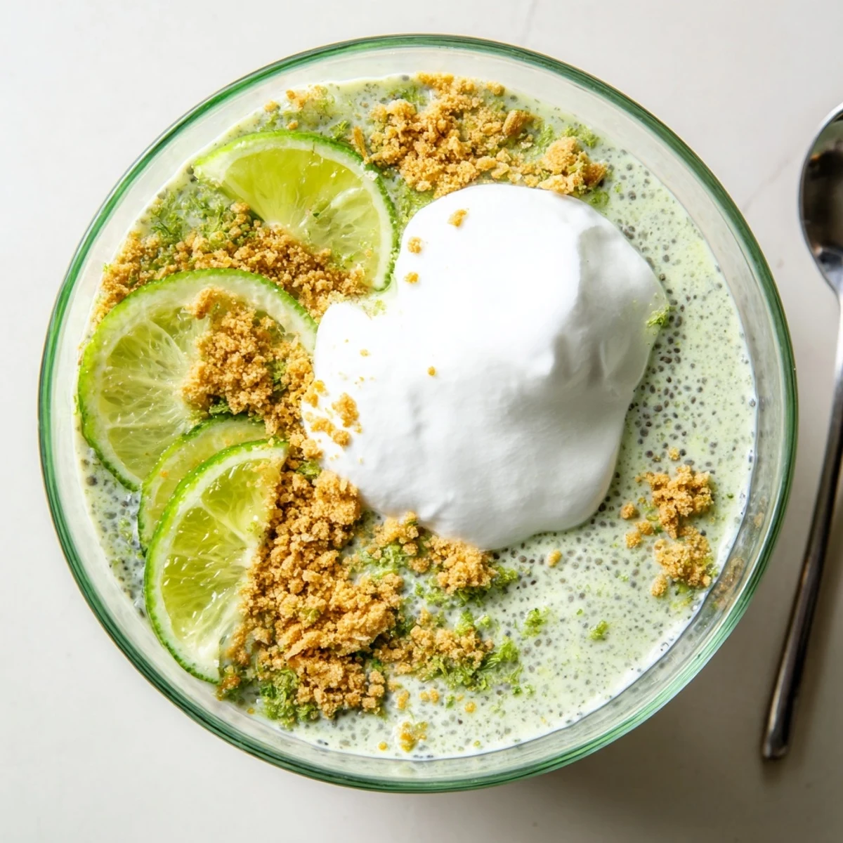 Tangy key lime chia pudding served in clear glasses with graham cracker crumbles