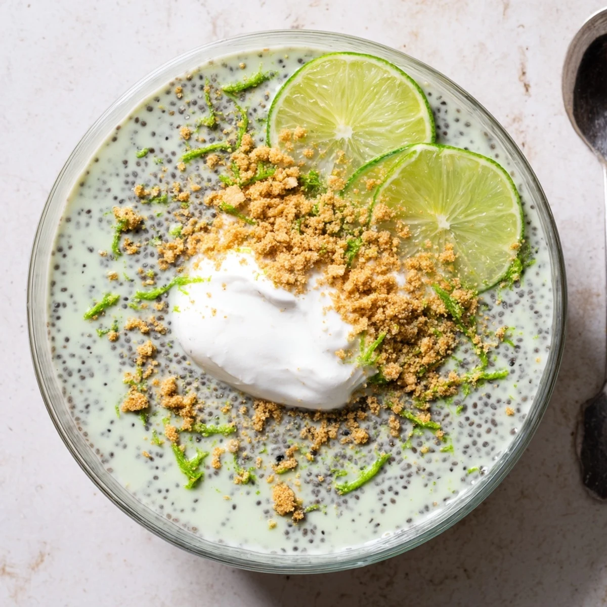 Vibrant green key lime chia pudding garnished with zest and a bright lime wedge