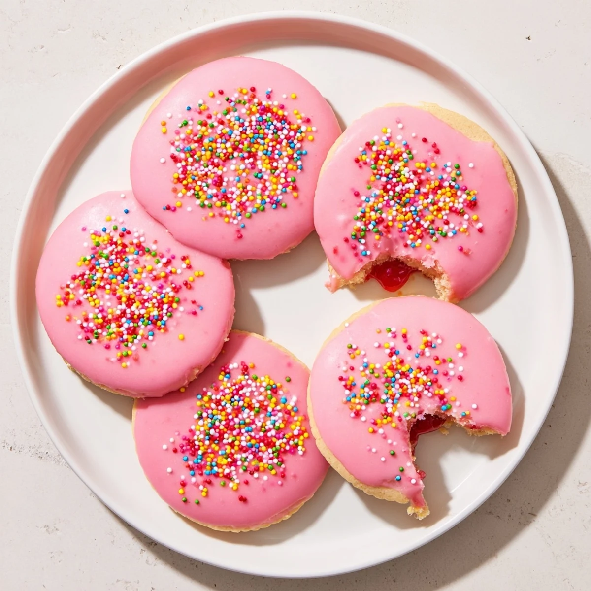 Chewy strawberry Pop Tart cookies with glossy pink glaze and rainbow sprinkles on a rustic baking sheet