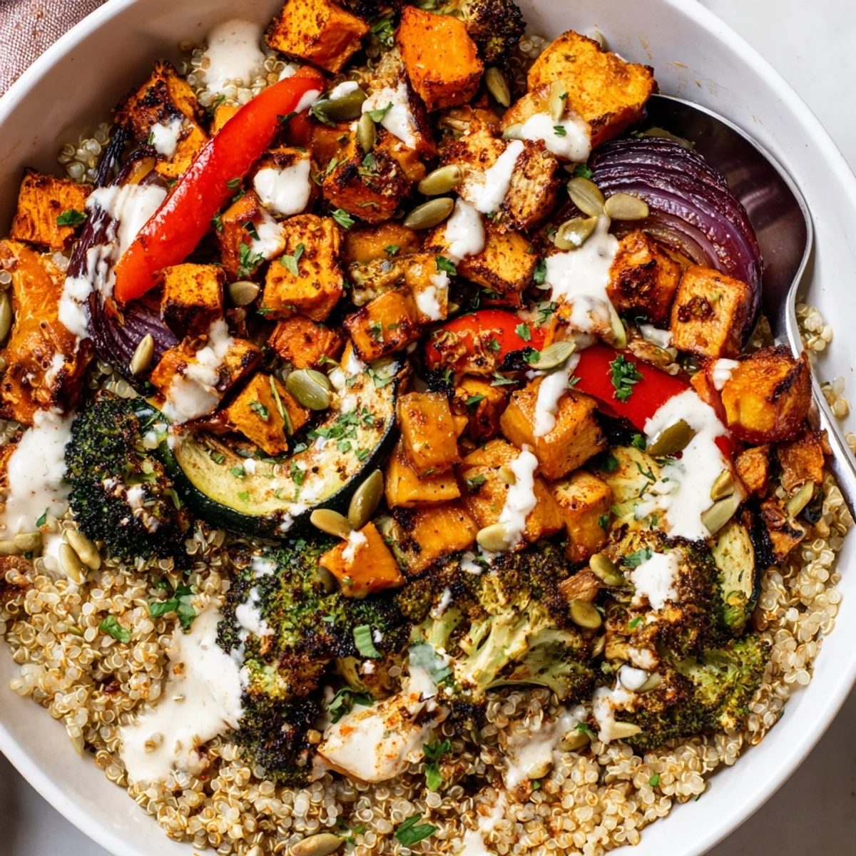 Colorful grain bowl with roasted vegetables drizzled with creamy tahini dressing