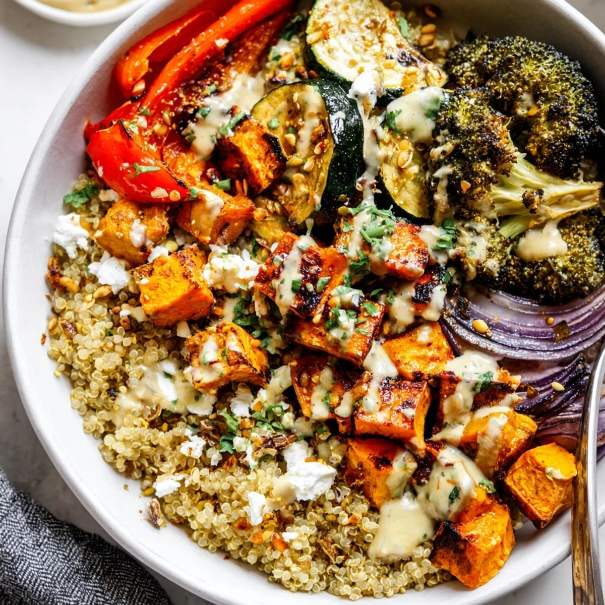 Golden roasted sweet potato and broccoli crowning a hearty grain bowl