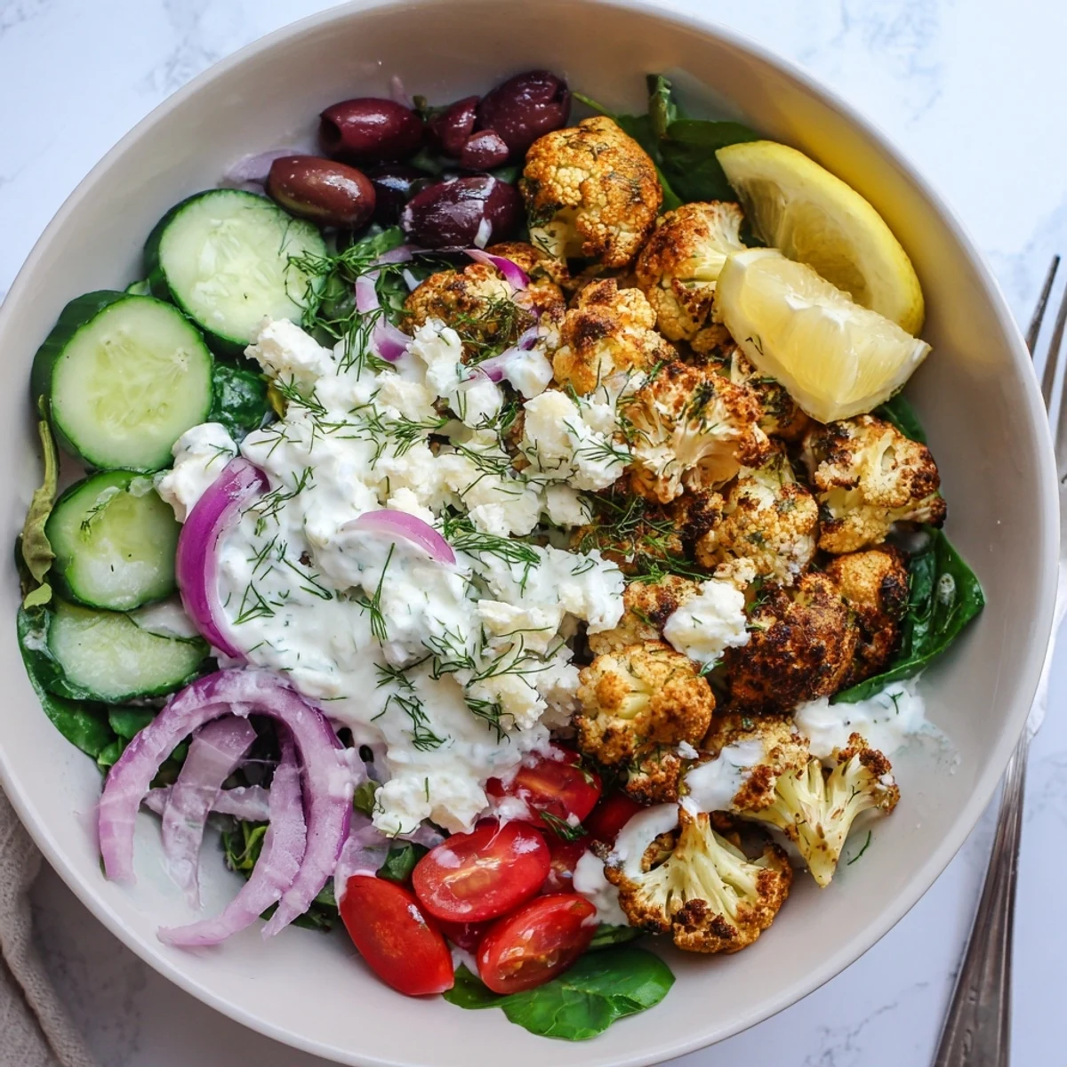 Golden roasted Greek cauliflower bowl topped with crumbled feta and fresh vegetables