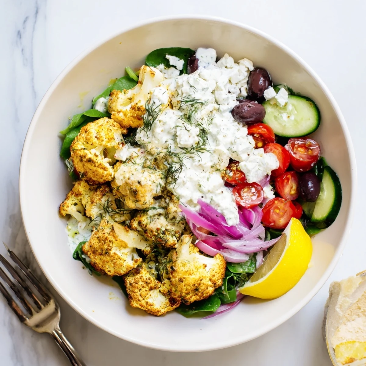 Warm Greek cauliflower bowl drizzled with creamy tzatziki over vibrant Mediterranean greens
