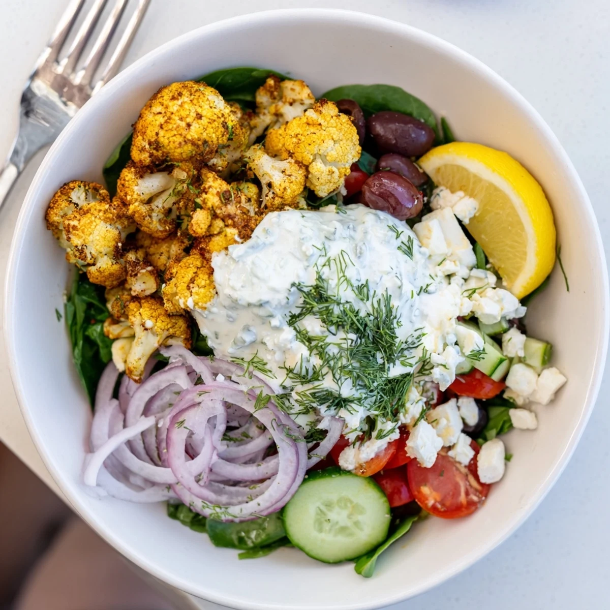 Colorful Greek cauliflower bowl featuring tender spiced florets, tomatoes, olives, and dill