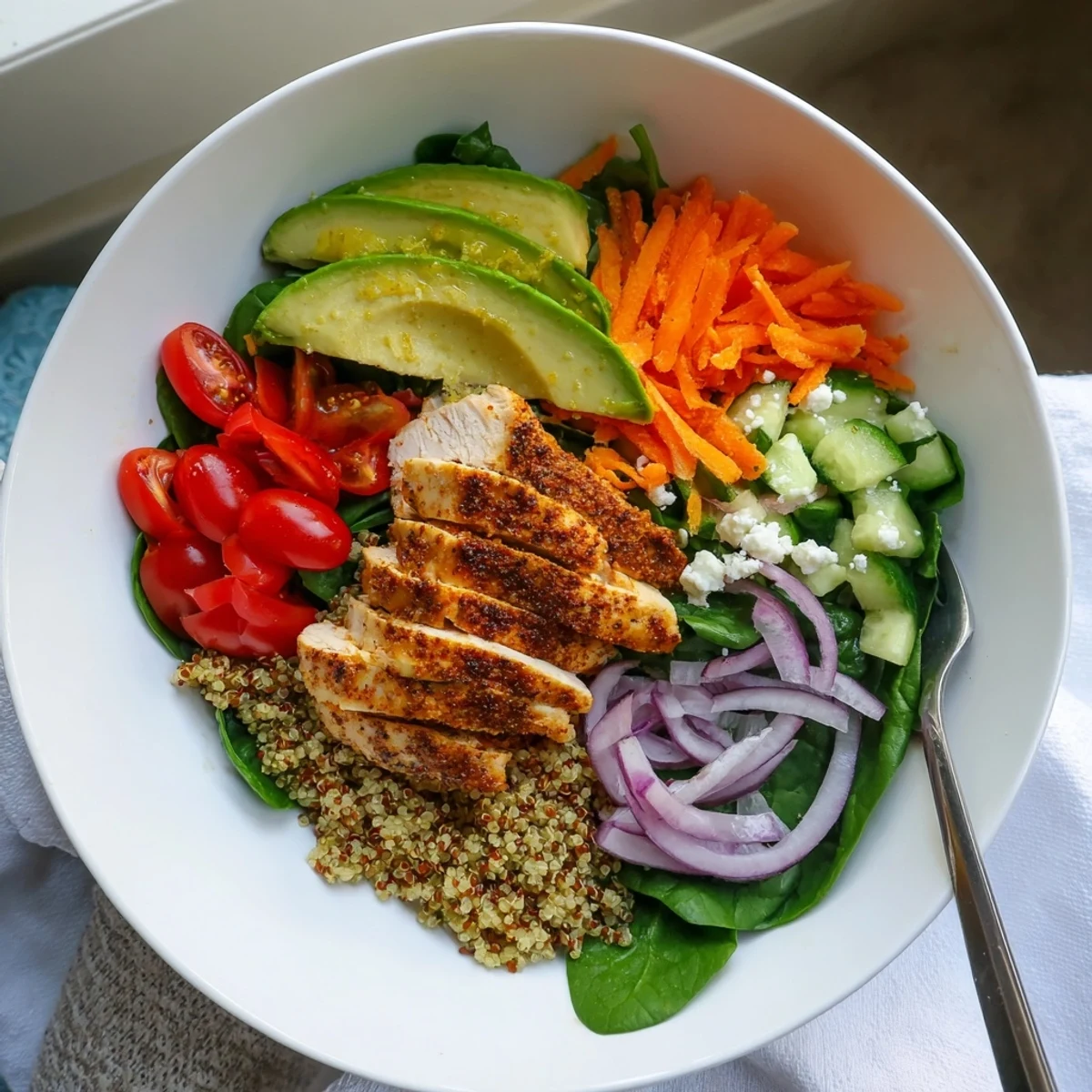 Tender grilled chicken grain bowl drizzled with zesty lemon dressing and fresh herbs.