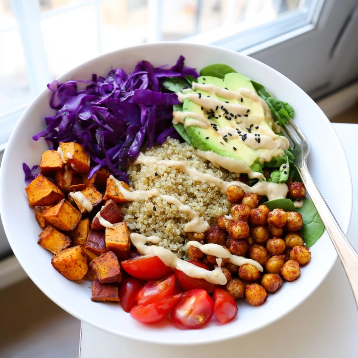 Vibrant Buddha Bowl featuring quinoa, spiced chickpeas, fresh avocado, and drizzled dressing