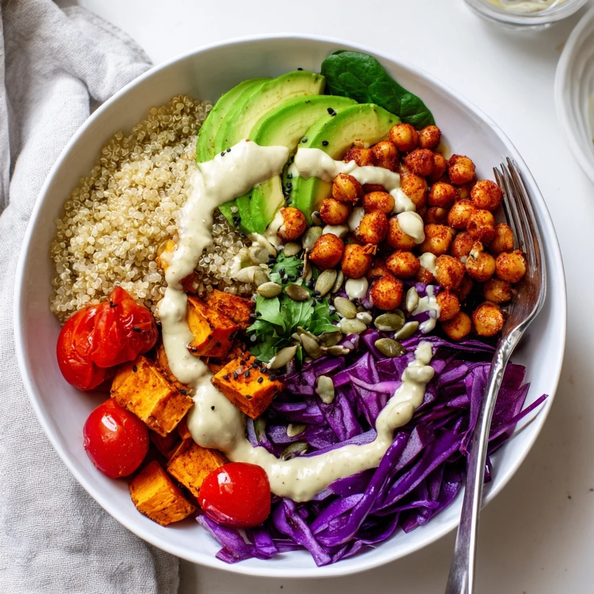 Hearty Buddha Bowl topped with roasted vegetables, leafy greens, and a golden tahini drizzle