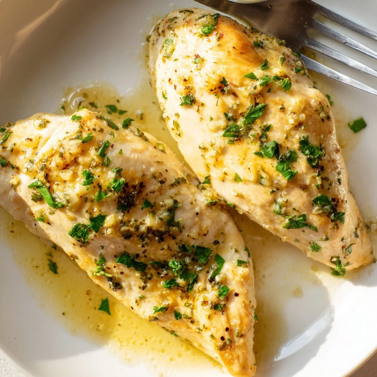 Golden garlic butter baked chicken breast glistening with herbs in a baking dish