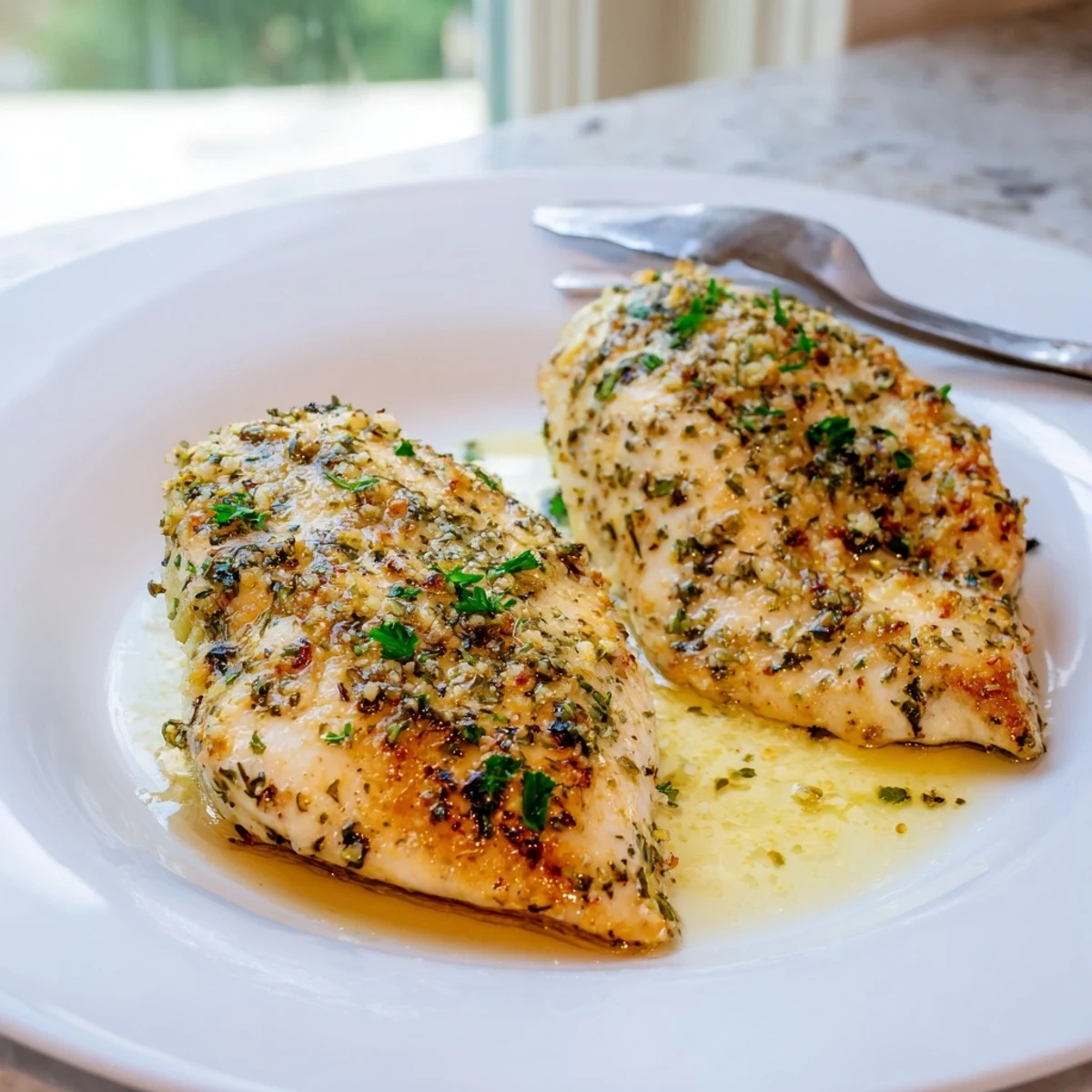 Juicy garlic butter baked chicken breast sliced open revealing tender moist meat