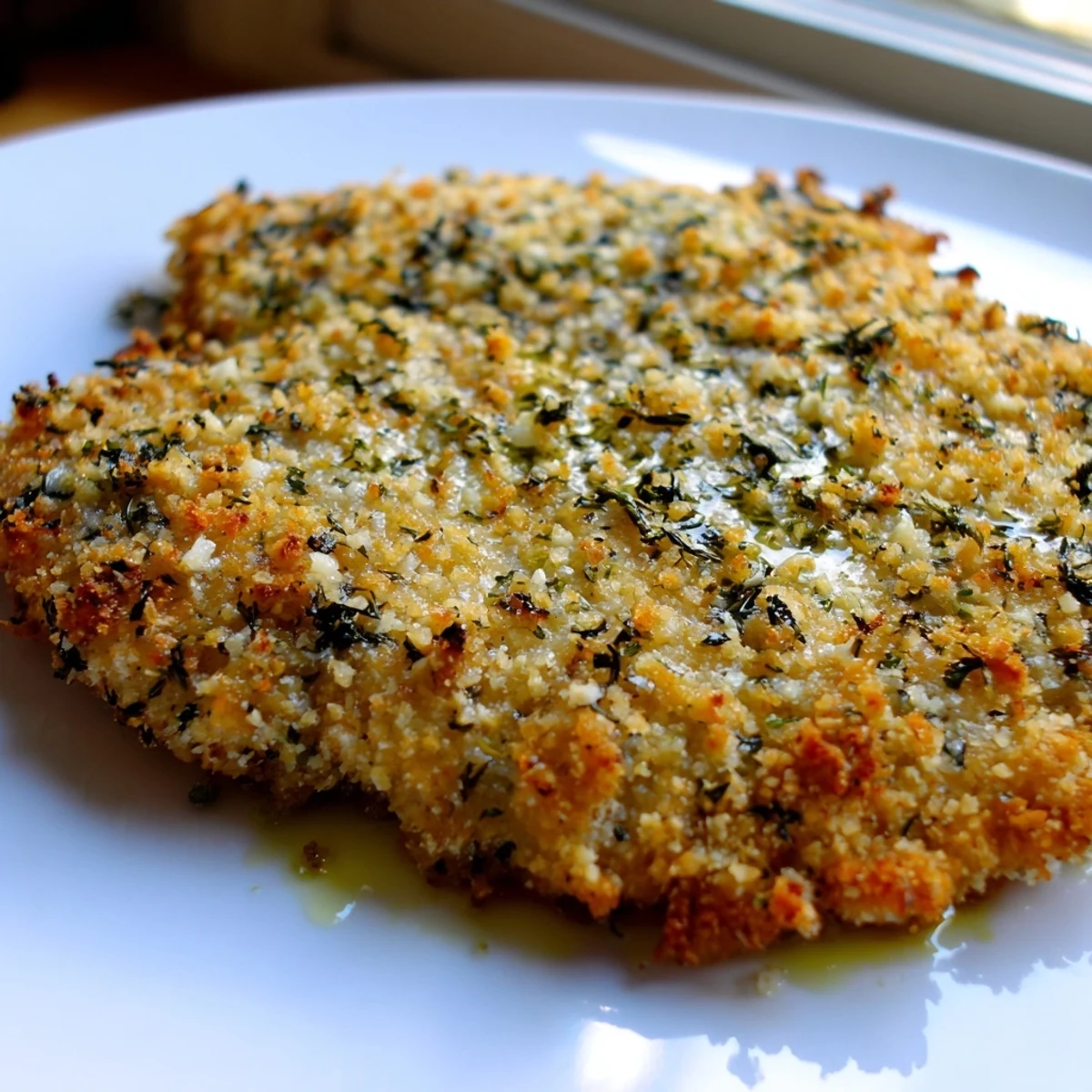 Juicy Savory Herbed Parmesan Chicken sliced open, revealing tender meat with fresh parsley garnish