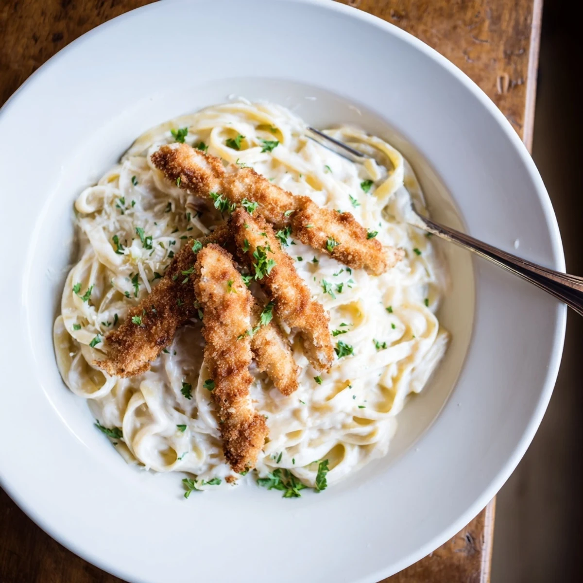 Creamy Crispy Chicken Alfredo topped with golden cutlets and fresh parsley