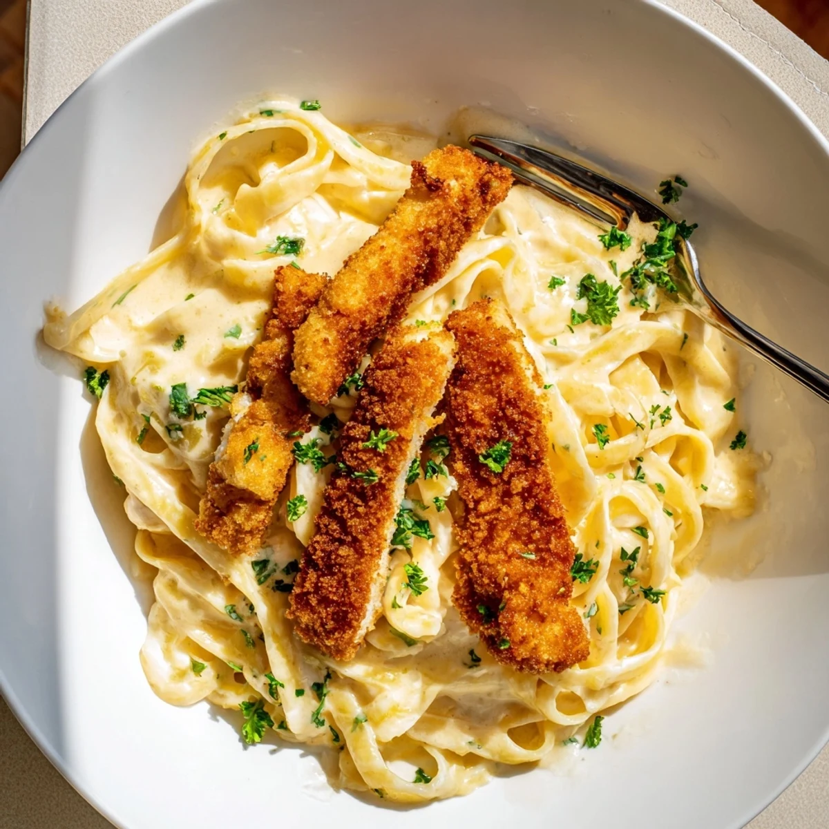 Crispy Chicken Alfredo served over tender fettuccine in rich Parmesan cream sauce