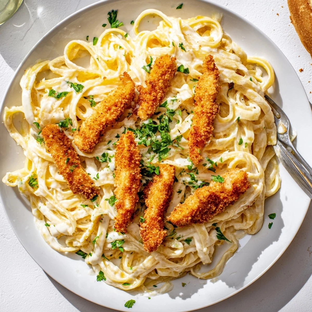 Golden fried chicken strips resting on a bed of velvety Crispy Chicken Alfredo