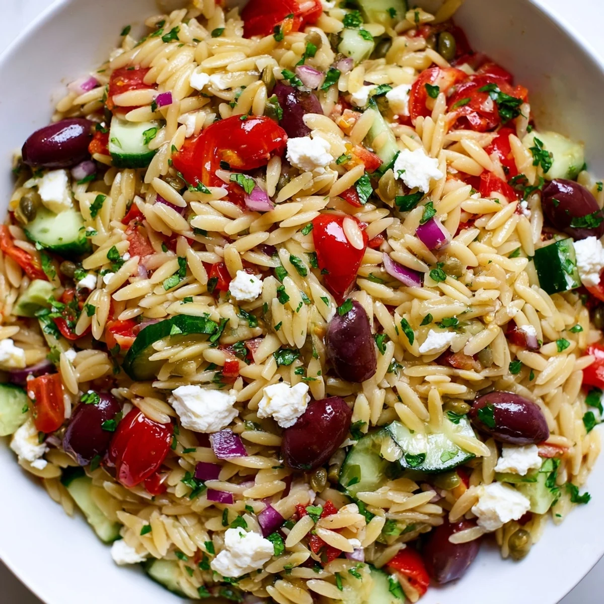 Colorful Mediterranean Orzo Pasta Salad in a bowl with tomatoes, olives, and crumbled feta