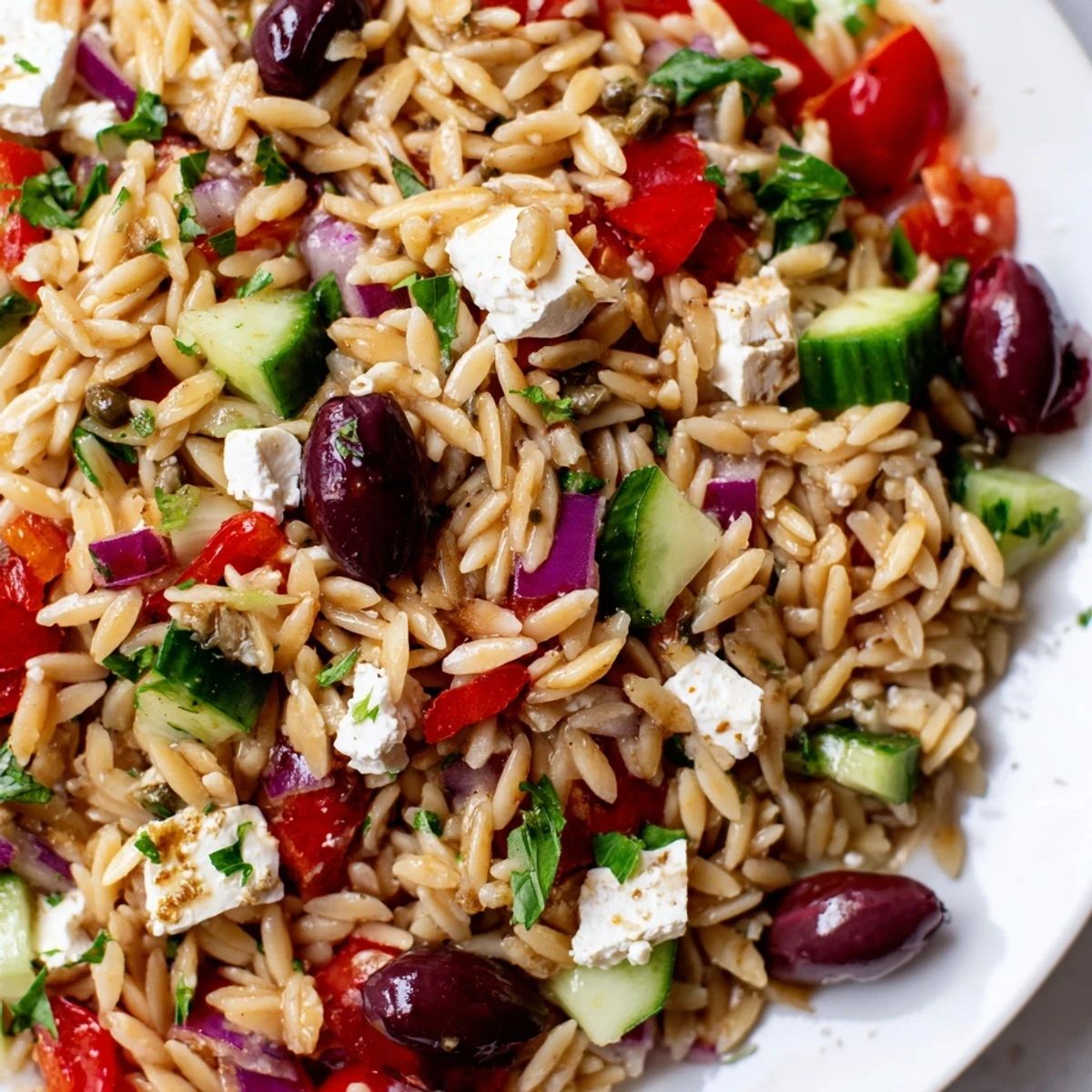 Mediterranean Orzo Pasta Salad tossed with crisp cucumbers, briny olives, and fresh herbs