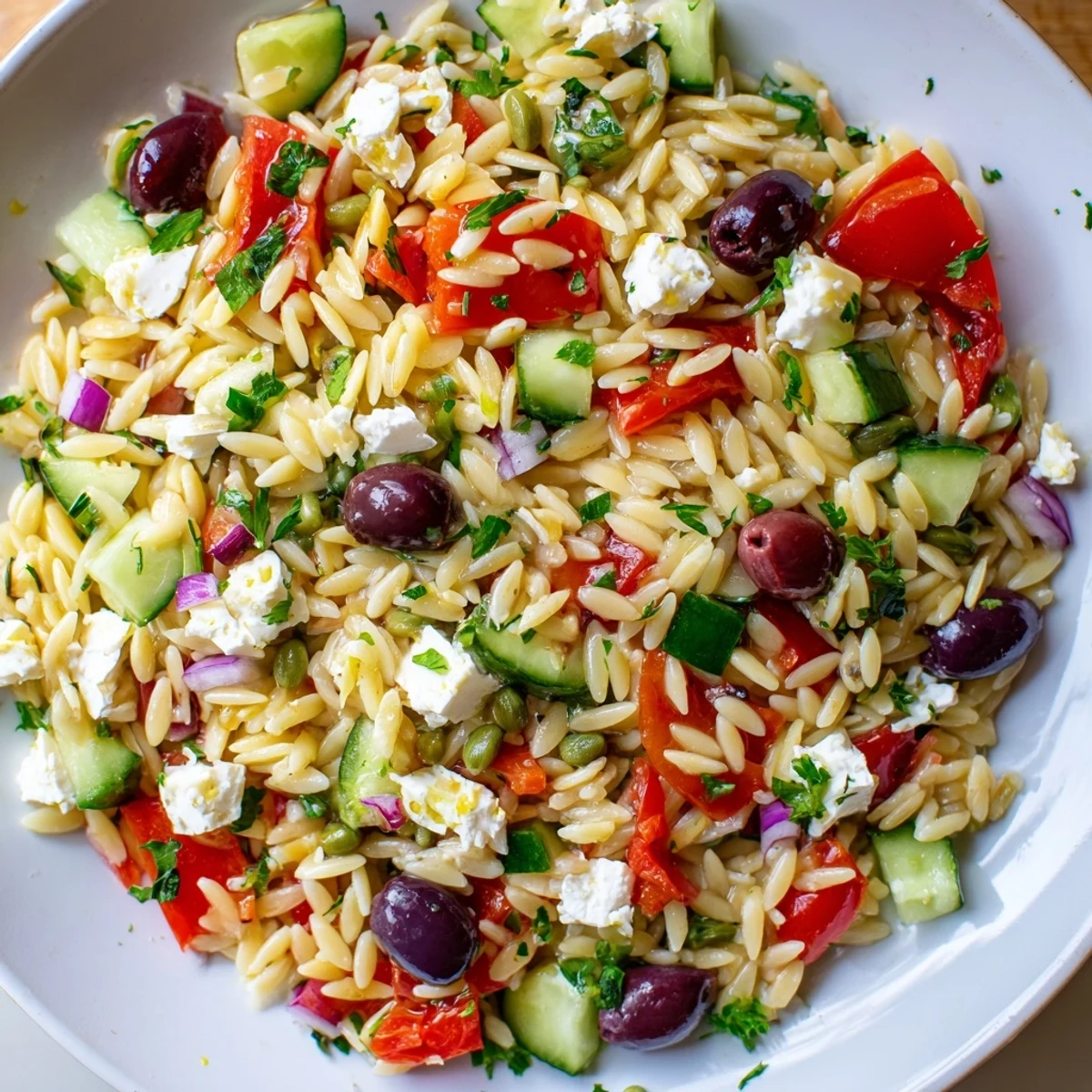 Creamy feta crowns a vibrant Mediterranean Orzo Pasta Salad ready for a summer gathering
