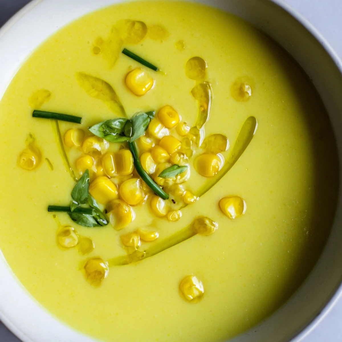 Creamy Summer Sweet Corn Gazpacho served chilled in a bowl with fresh basil garnish