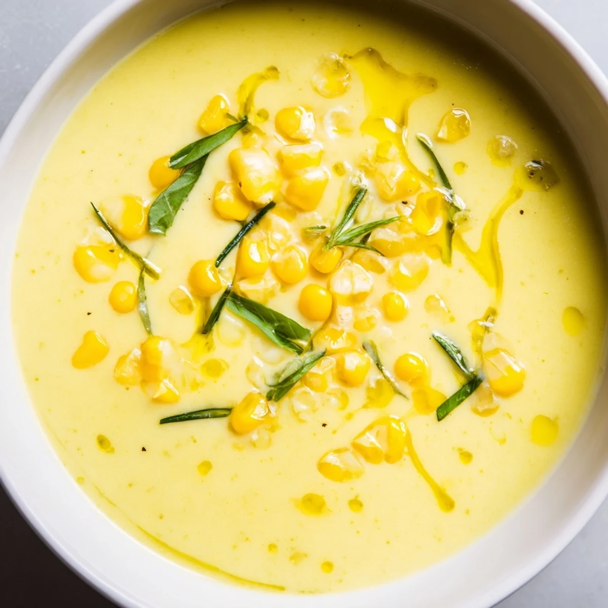 Golden Summer Sweet Corn Gazpacho topped with crunchy corn kernels and a olive oil drizzle