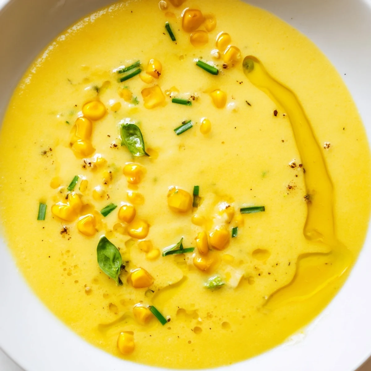 Vibrant yellow Summer Sweet Corn Gazpacho poured into shallow bowls alongside crusty bread slices