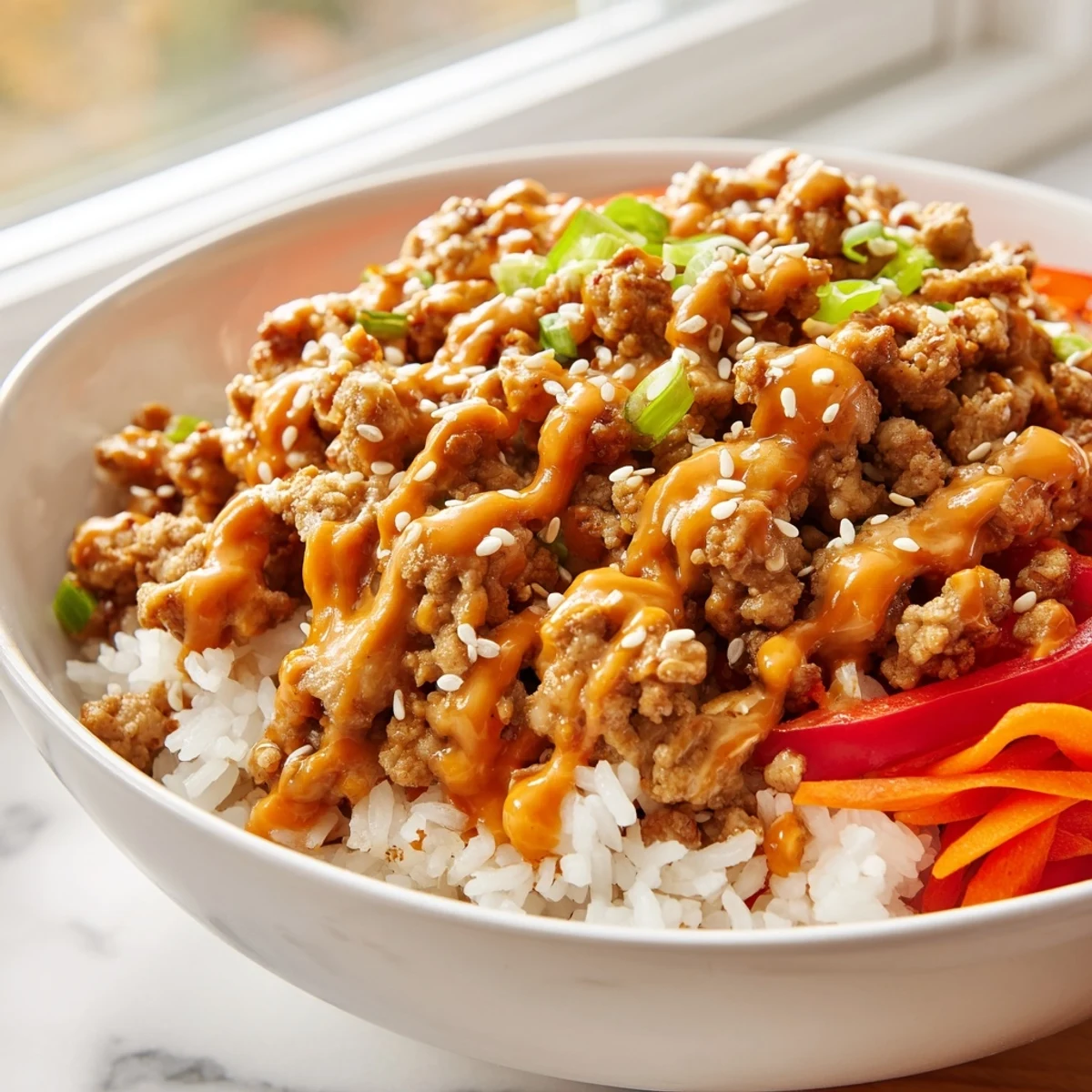 Spicy ground turkey rice bowls drizzled with creamy Bang Bang sauce and fresh vegetables