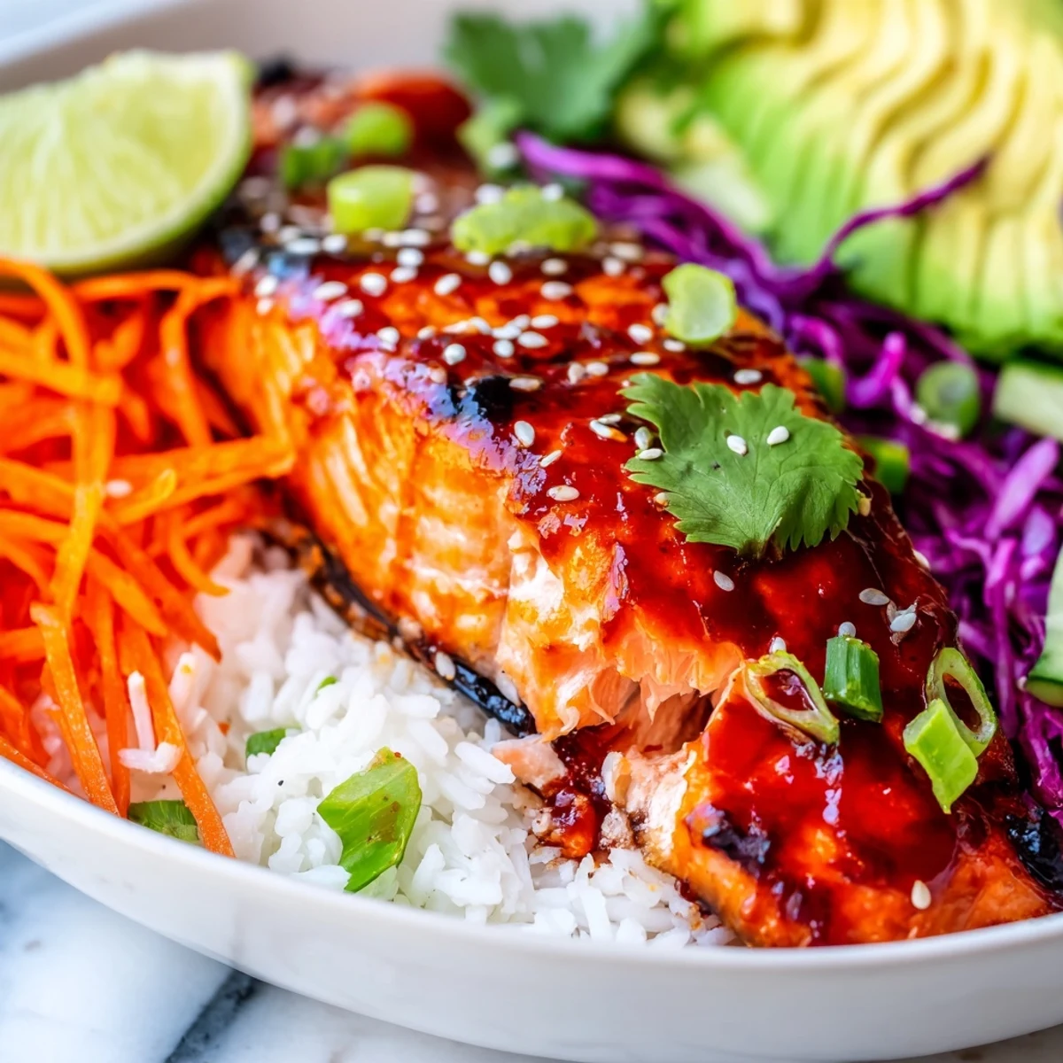 Glistening Sriracha Honey Glazed Salmon fillets over fluffy jasmine rice with crisp vegetables
