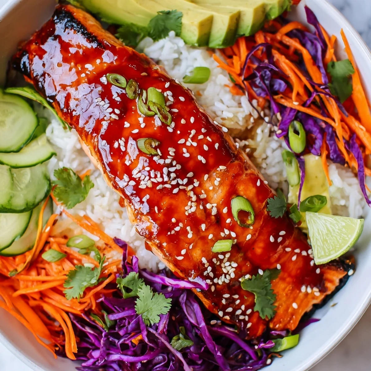 Golden Sriracha Honey Glazed Salmon Bowls topped with avocado, sesame seeds, and lime