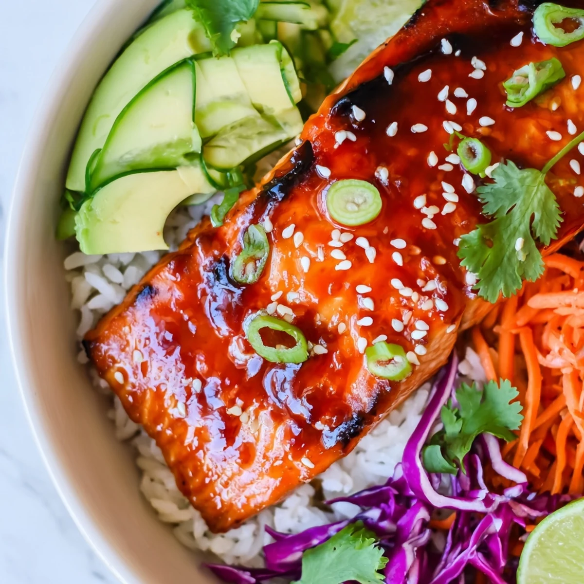 Tender caramelized Sriracha Honey Glazed Salmon served in colorful bowls with shredded cabbage and carrots