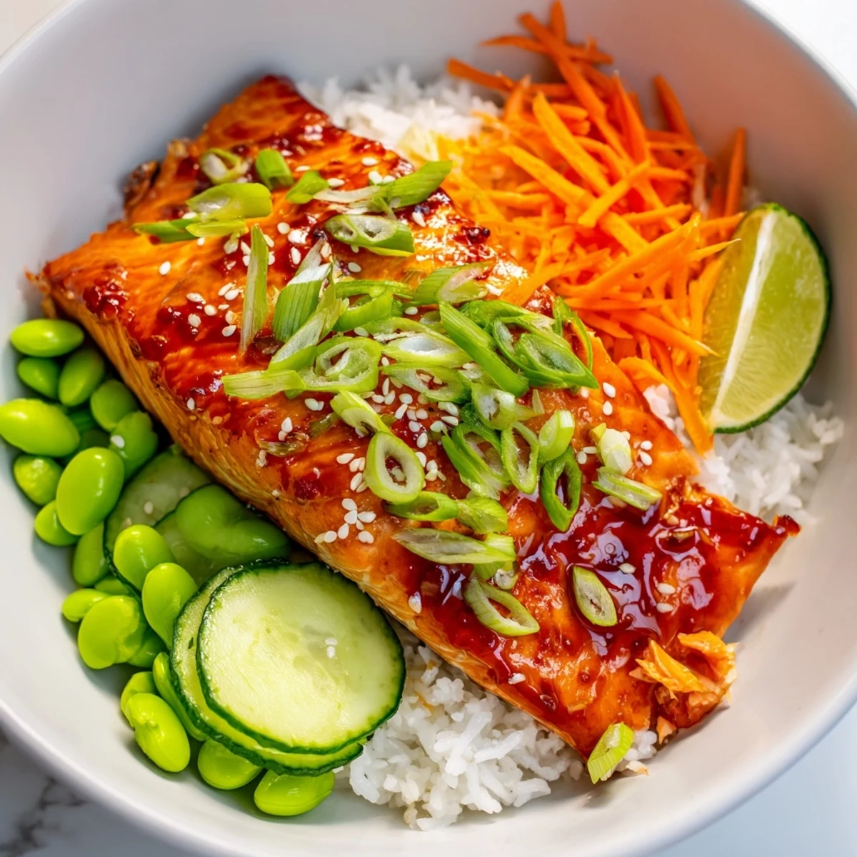 Glistening Sriracha honey glazed salmon bowls topped with sesame seeds and fresh lime wedges