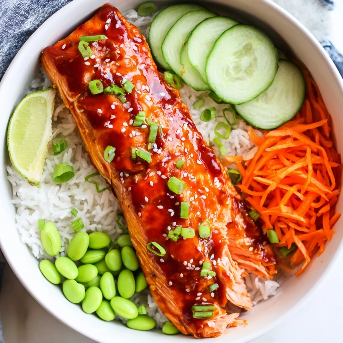 Spicy Sriracha honey glazed salmon bowls layered with crisp cucumbers, carrots, and edamame