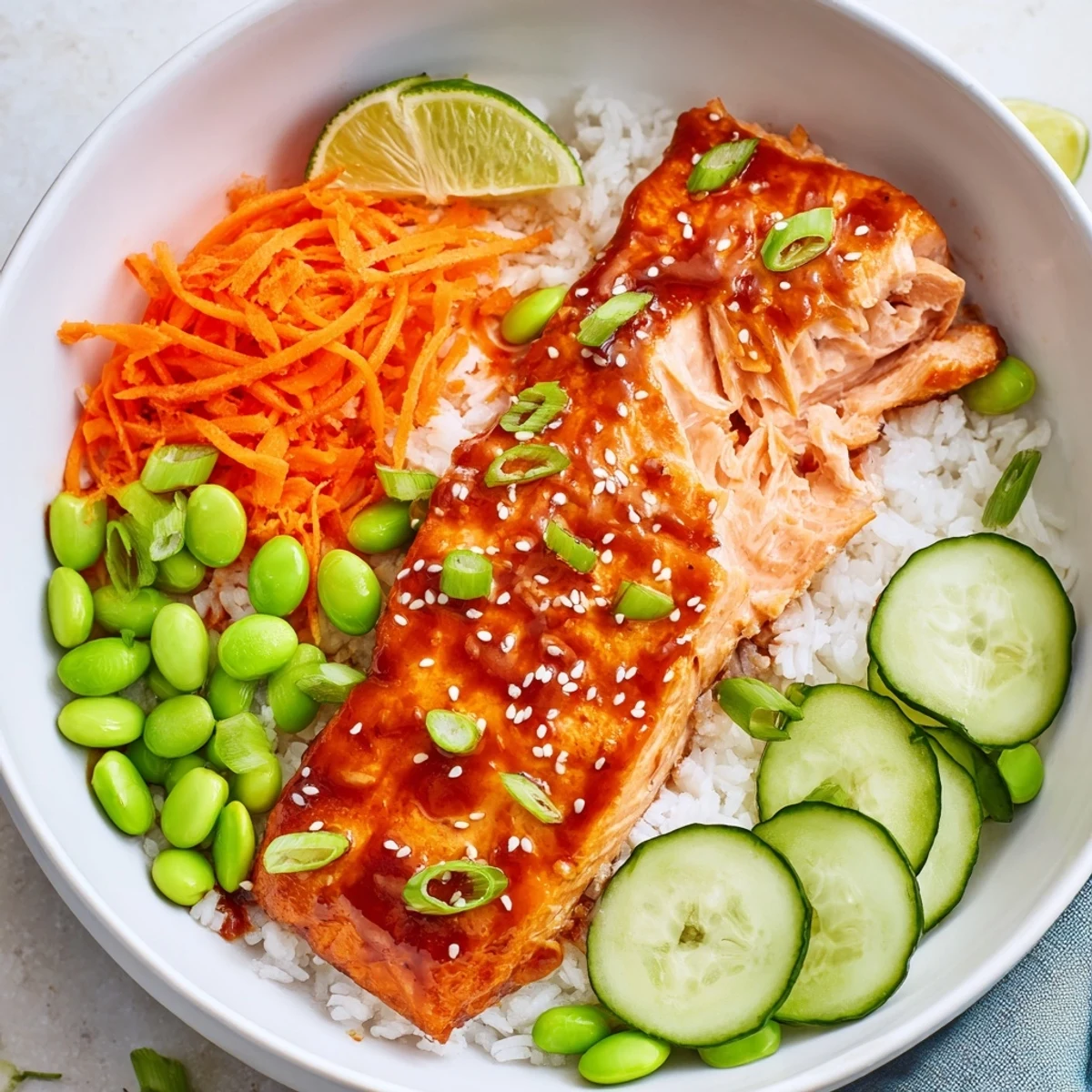 Caramelized Sriracha honey glazed salmon bowls served over fluffy steamed white rice