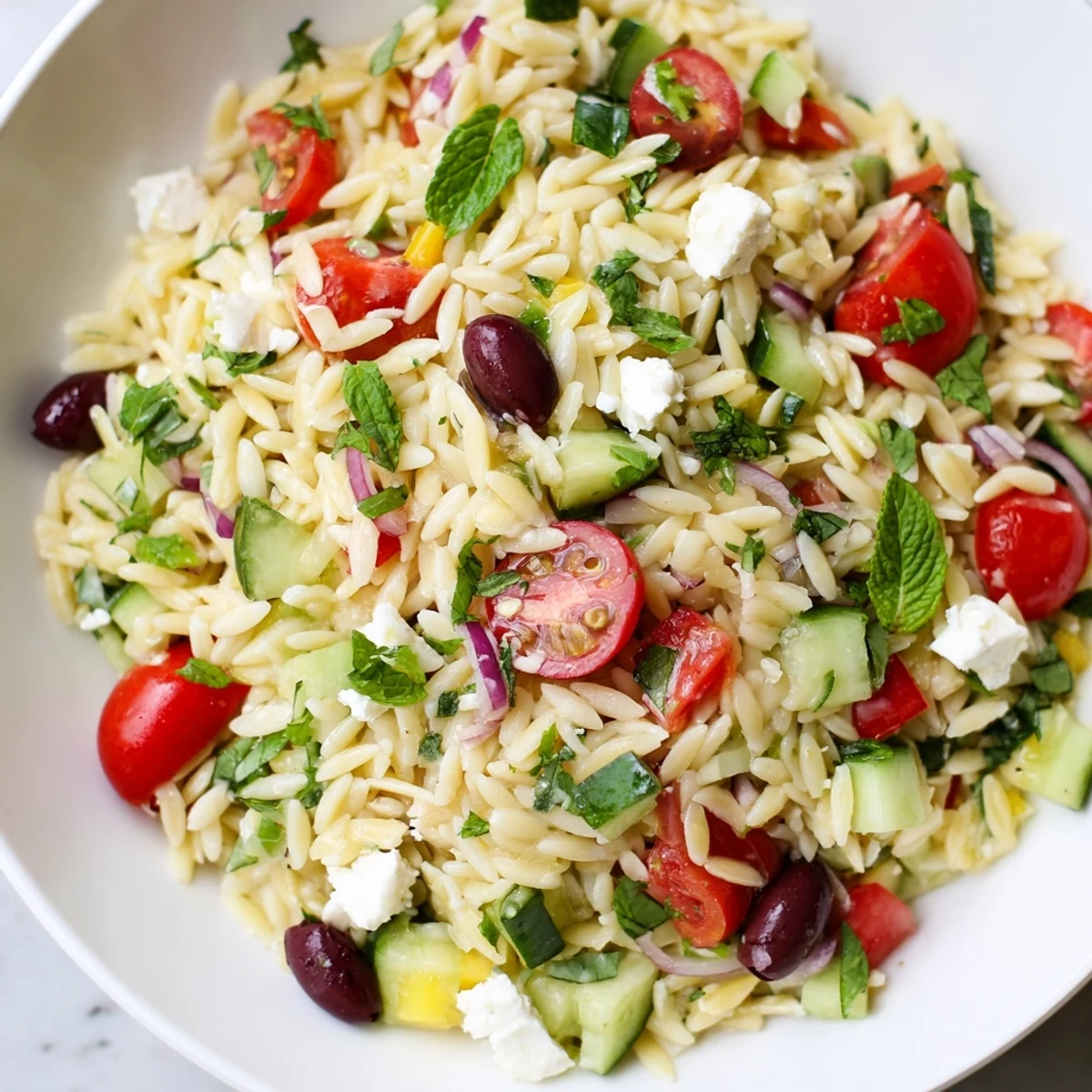 Colorful Mediterranean Orzo Pasta Salad in a rustic bowl with crumbled feta and fresh herbs