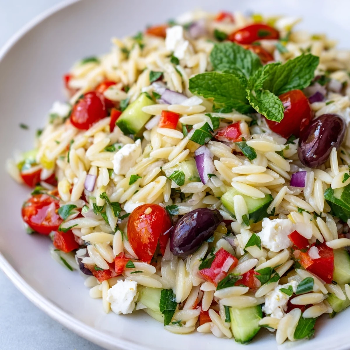 Juicy cherry tomatoes and crisp cucumbers tossed through a vibrant Mediterranean Orzo Pasta Salad